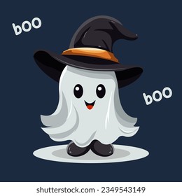 Vector illustration in flat cartoon style. Funny ghost in traditional halloween hat. Clothes print, greeting card template or poster.
