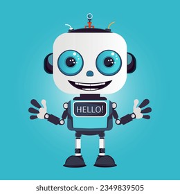 Ilustración vectorial al estilo de caricatura plana, alegre robot feliz ondeando sus manos en saludo. Plantilla de banner con texto Hola en el monitor.
