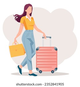 Vector illustration in flat cartoon style. A young woman with long dark hair, wearing comfortable clothes, holds a suitcase and a bag. The concept of moving, travel and tourism.

