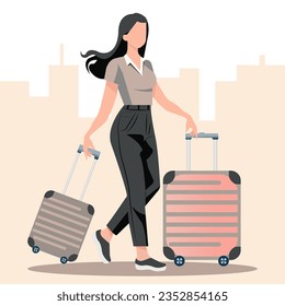 Vector illustration in flat cartoon style. Young woman with suitcases. The concept of moving, travel and tourism.
