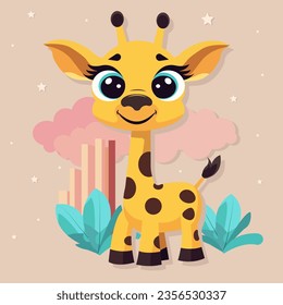 Vector illustration in flat cartoon style. Cute funny baby giraffe with big eyes. Template for a children's card or invitation for a holiday. Mascot.
