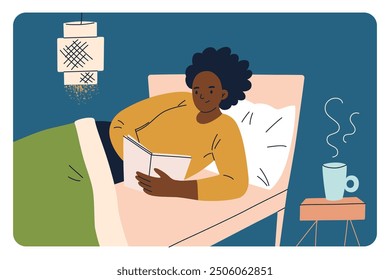 Ilustración vectorial en estilo plano, de dibujos animados. Una mujer relajándose en la cama con un libro, una rutina de noche acogedora. Ambiente sereno en el dormitorio, comodidad y ocio antes de dormir, hábitos a la hora de dormir y rutina nocturna