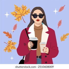 Ilustração vetorial em estilo de desenho animado plano. Uma jovem mulher bonita em um suéter confortável quente segura uma xícara com uma bebida de café perfumada em suas mãos. Época de outono. 