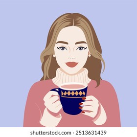 Vektorgrafik im flachen Cartoon-Stil. Eine junge hübsche Frau in einem warmen, bequemen Pullover hält eine Tasse mit einem duftenden Kaffeegetränk in den Händen. Herbstsaison.