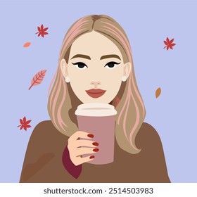 Vector illustration in flat cartoon style. A young pretty woman in a warm comfortable sweater holds a cup with a fragrant coffee drink in her hands. Autumn season.