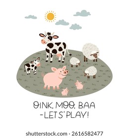 Vector illustration in flat cartoon style. Poster with cute pigs, sheep, and cows, along with playful lettering. Isolated on white background. Perfect for kids’ decor, learning, and farm-themed design