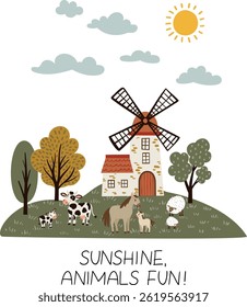 Vector illustration in flat cartoon style. Farm landscape with windmill, cows, horses, and sheep. Isolated on white background. Perfect for kids’ designs, educational materials, 