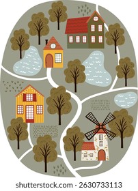 Vector illustration in flat cartoon style. Fun and educational farm map with barn, windmill, animals, tractor, and trees. Isolated on white. Perfect for kids’ posters, games, and learning tools.