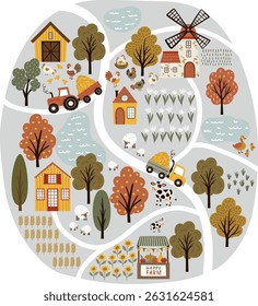 Vector illustration in flat cartoon style. Fun and educational farm map with barn, windmill, animals, tractor, and trees. Isolated on white. Perfect for kids’ posters, games, and learning tools.