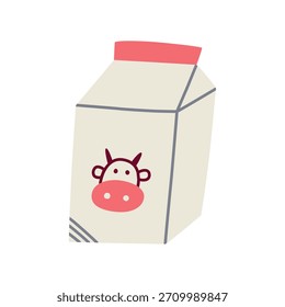Ilustración vectorial en estilo plano de la historieta, caja de la leche del doodle, concepto de empaquetado simple con la Imagen de vaca, tema juguetón de los productos lácteos para los proyectos alimenticios, etiquetas y diseño lindo de la historieta, Clipart coloreado aislado