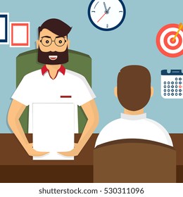 Vector illustration, flat cartoon style. Business human resources. HR recruitment. Interview with the candidate positions. Job interview concept