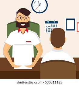 Vector illustration, flat cartoon style. Business human resources. HR recruitment. Interview with the candidate positions. Job interview concept