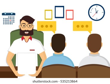 Vector illustration, flat cartoon style. Business human resources. HR recruitment. Interview with the candidate positions. Job interview concept