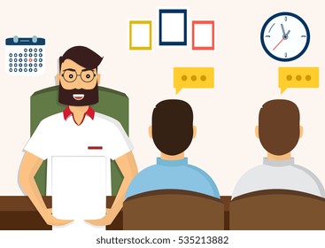 Vector illustration, flat cartoon style. Business human resources. HR recruitment. Interview with the candidate positions. Job interview concept