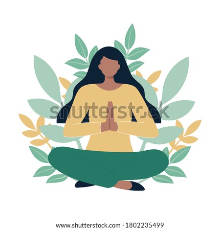 Vector illustration, flat cartoon style. Young woman meditating in nature and leaves. Concept illustration for yoga, meditation, relax, recreation, healthy lifestyle. Girl sitting with crossed legs