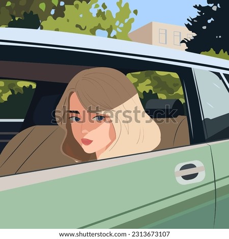 
Vector illustration in flat cartoon style. A pretty young woman with white hair sits in a car.