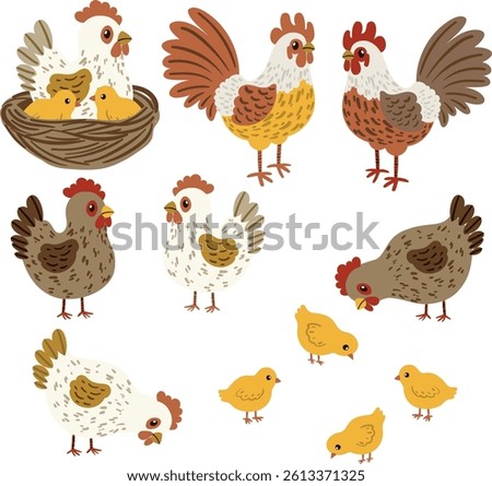 Vector illustration in flat cartoon style. Set with cute chickens, roosters, hens, chicks, and a mother hen with chicks in a nest. Isolated on white background. Bright and playful design.