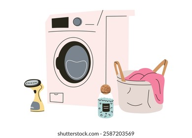 Vector illustration of flat cartoon washing machine with laundry basket, detergent, and fabric steamer. Modern home appliance composition for household and cleaning themes. Minimal and stylish design