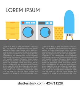 Vector illustration with flat cartoon washing machine and dryer. Vector laundry room icons. Home appliances for clothes cleaning. Laundry room appliances card background: washer, ironing board, dryer