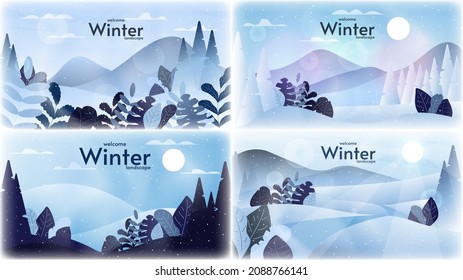 Ilustración vectorial. Panorama de invierno de dibujos planos. Fondos nevados con hojas. Elementos de diseño para banner, fondo de pantalla, álbum. 