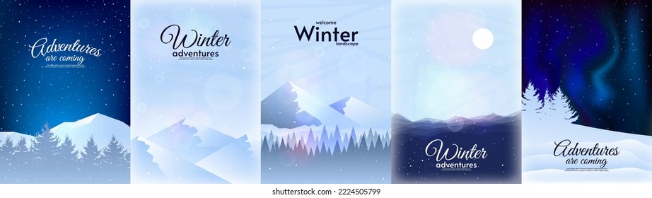 Vector illustration. Flat cartoon winter landscape. Design elements for poster, book cover, brochure, magazine, flyer, booklet.