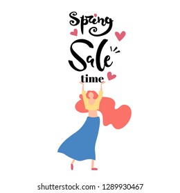 Vector illustration, flat cartoon woman with long pink hair raising hands up and "Spring Sale time" lettering.
