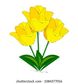 Vector illustration, flat cartoon yellow tulip flower on white background
