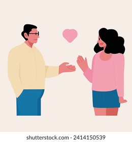 Vector illustration, Flat character design, a man and woman are talking each other heart shape bubble above them, love and valentine theme 