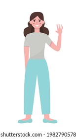 Vector illustration. Flat character girl waving hand on white background. Can be used to create advertisements, postcards, banners, posters.