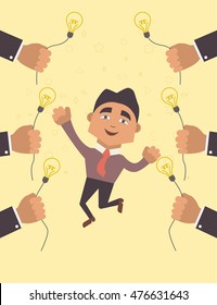 Vector illustration flat. Character man client is happy. Hands of experts keeps project idea lamp. The character for site and business.