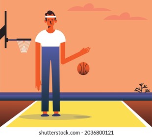 vector illustration of a flat character standing in slippers on the sports ground with a basketball near the basketball net. Lazy workout concept, easy exercising.