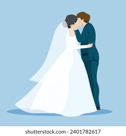 Vector illustration flat charactor of bride and groom kissing in wedding day isolated on soft blue background