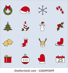 Vector illustration of flat Christmas icons. Vector Santa's hat, wreath, candy, gift, snowflake, sock, snowman, candle, ball, skates, mistletoe, calendar, tree, mitten, bell, deer