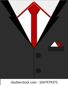 Vector illustration of flat classic man`s suit with red tie and handkerchiefs in pocket.