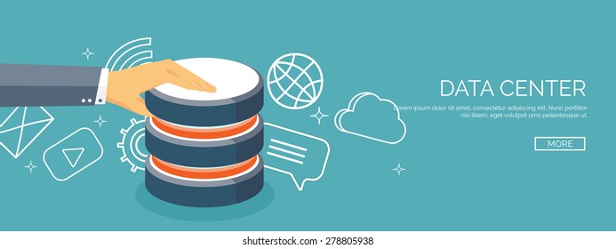 Vector illustration. Flat cloud computing background. Data storage network technology. Multimedia content and web sites hosting. Memory and information transfer.