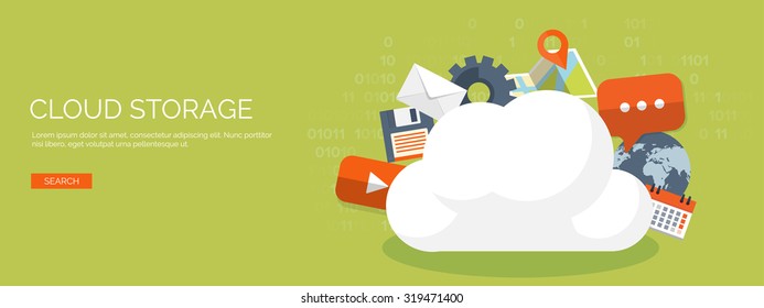 Vector illustration. Flat cloud computing background. Data storage network technology. Multimedia content and web sites hosting. Memory and information transfer. Security and protection. Cloud service