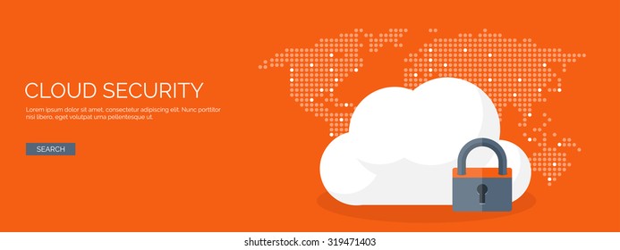 Vector illustration. Flat cloud computing background. Data storage network technology. Multimedia content and web sites hosting. Memory and information transfer. Security and protection. Cloud service