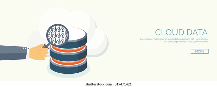 Vector illustration. Flat cloud computing background. Data storage network technology. Multimedia content and web sites hosting. Memory and information transfer. Security and protection. Cloud service