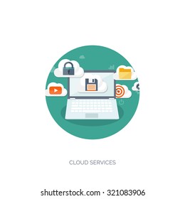 Vector illustration. Flat cloud computing background. Data storage network technology. Multimedia content and web sites hosting. Memory and information transfer. Security and protection. Cloud service