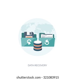 Vector illustration. Flat cloud computing background. Data storage network technology. Multimedia content and web sites hosting. Memory and information transfer. Security and protection. Cloud service