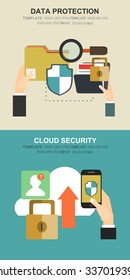 Vector illustration. Flat cloud computing background. Memory and information transfer. Security and protection. Cloud service