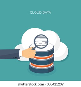 Vector illustration. Flat cloud computing background. Data storage network technology. Multimedia content , web sites hosting. Memory, information transfer.