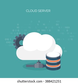 Vector illustration. Flat cloud computing background. Data storage network technology. Multimedia content , web sites hosting. Memory, information transfer.