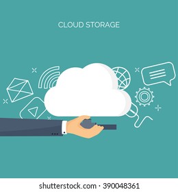 Vector illustration. Flat cloud computing background. Data storage network technology. Multimedia content, web sites hosting. Memory, information transfer.