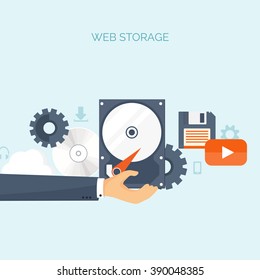 Vector illustration. Flat cloud computing background. Data storage network technology. Multimedia content, web sites hosting. Memory, information transfer.
