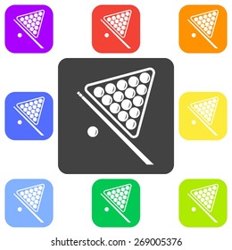Vector illustration of flat color billiard game equipment icon set on white background. Button