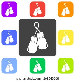 Vector illustration of flat color boxing gloves, mitt, mitten icon set on white background. Button.