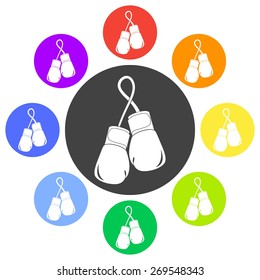 Vector illustration of flat color boxing gloves, mitt, mitten icon set on white background. Circle.