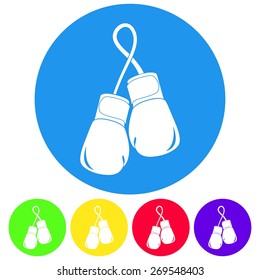 Vector illustration of flat color boxing gloves, mitt, mitten icon set on white background. Circle.