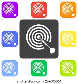 Vector illustration of flat color dartboard and dart arrow icon set on white background. Target hit. Button